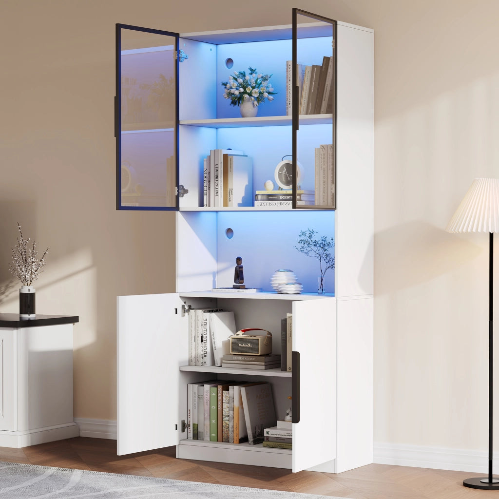 Vetrina con ante in vetro e LED, 1 ripiano regolabile e vano aperto, per soggiorno, bianco, 80 × 30 × 200 cm