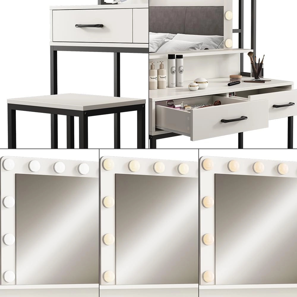 Tavolo da toilette Luvia, Bianco, 90 cm Con illuminazione a LED e sgabello, con grande specchio e striscia LED regolabile senza interruzioni