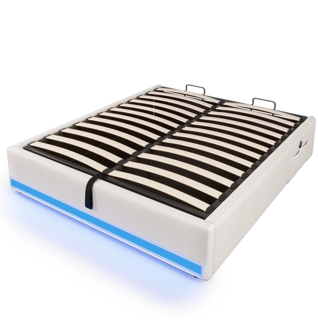 Letto imbottito 140x200 cm senza testiera con LED; USB e Type-C; contenitore idraulico; beige