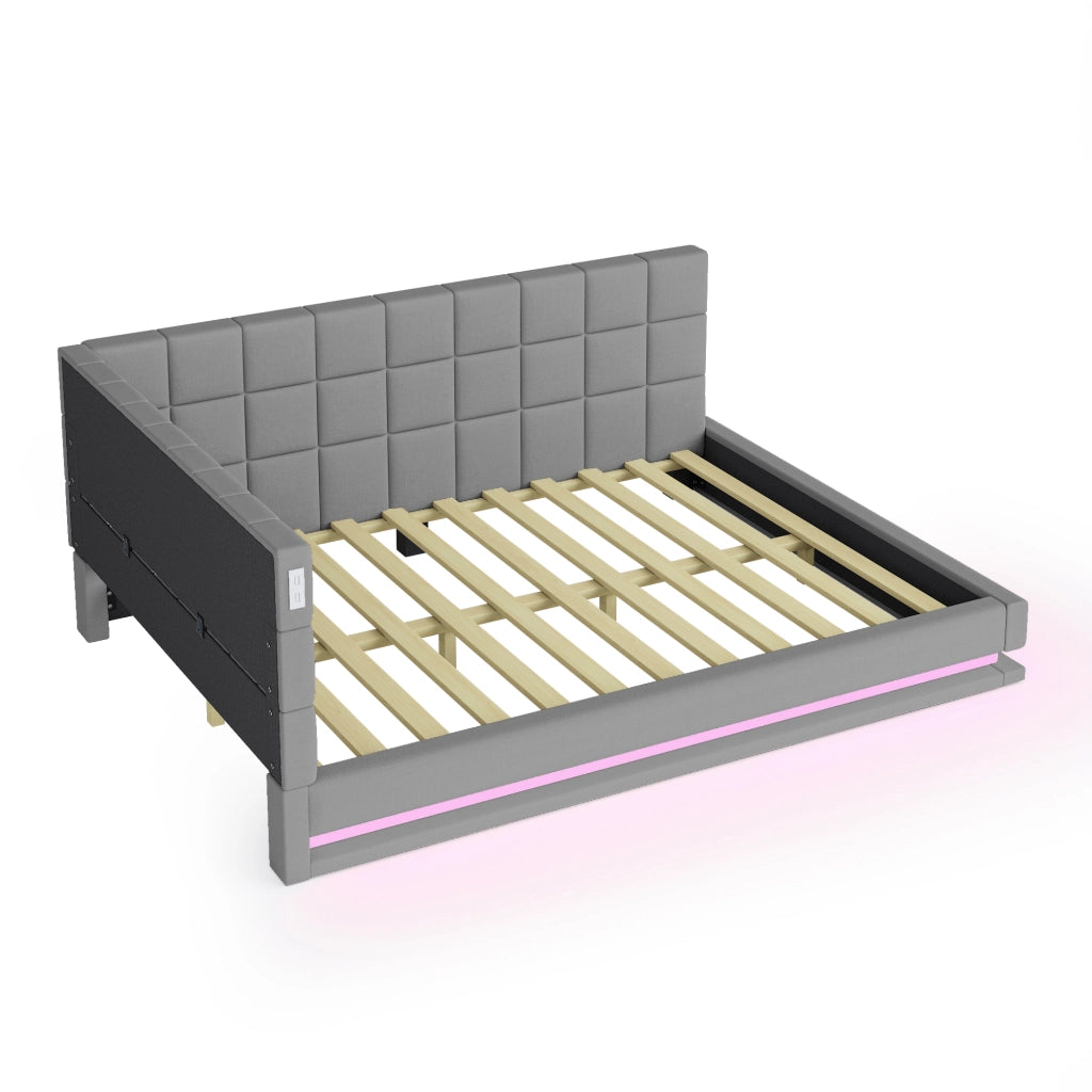 Letto imbottito matrimoniale 160×200 cm con LED; USB e rete; senza materasso; in lino; grigio