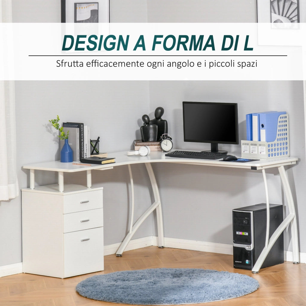 Easycomfort Scrivania Angolare con Cassettiera, Scrivania Ufficio Porta PC in Legno e Metallo, Bianco, 143.5x143.5x76cm