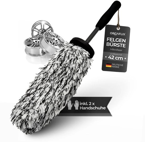 Pulitore di ruota a microfibra professionale 42cm - extra assorbente per pulizia krasvrij e efficace inclusa coppia di guanti in gomma - Accessori auto, pulitore di ruota per ruote in alluminio, spazzola per auto
