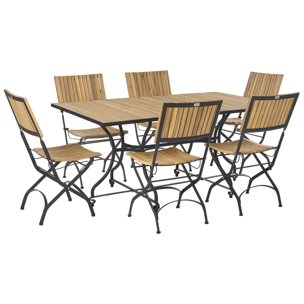 Set da pranzo da giardino per esterni con 6 sedie e tavolo in legno di acacia, struttura pieghevole in acciaio, legno di acacia marrone chiaro