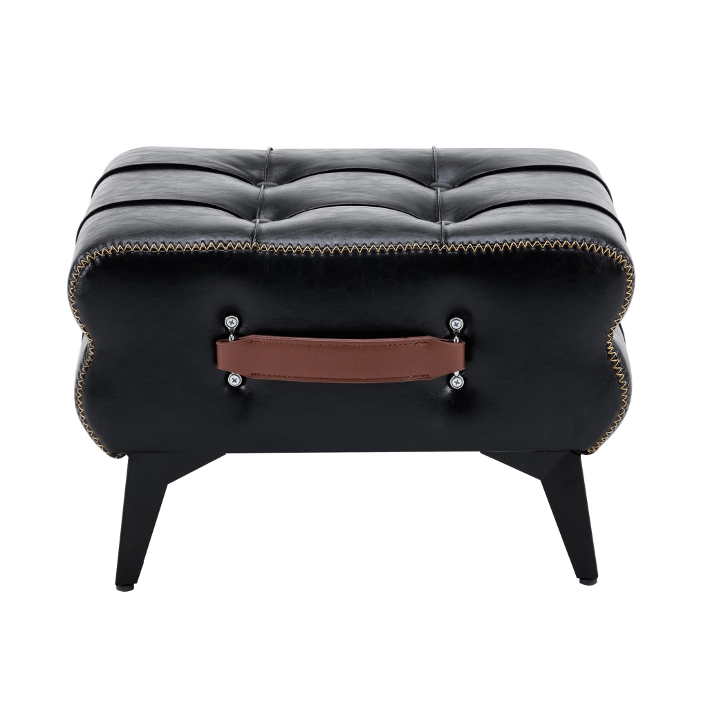 Pouf poggiapiedi portatile in PU nero con struttura in acciaio e maniglia laterale