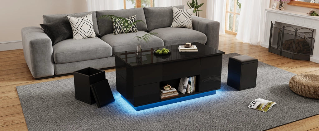 TAVOLINO DA SALOTTO Sollevabile 100 x 50 x 45 cm Nero Lucido con LED e 2 sgabelli