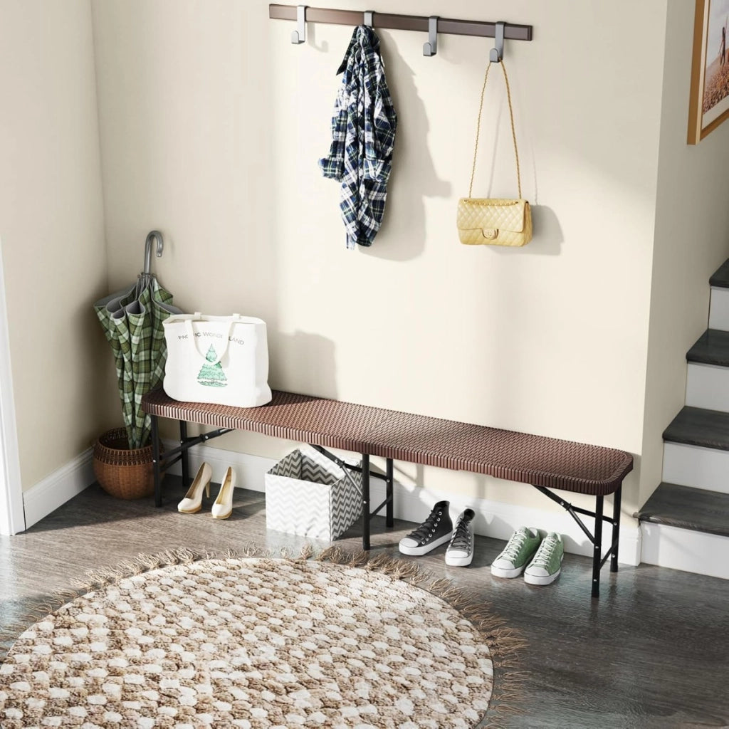 Panca pieghevole in plastica da 180 cm con finitura legno, Sedile portatile pieghevole a met¨¤ con capacit¨¤ di 600 kg Marrone