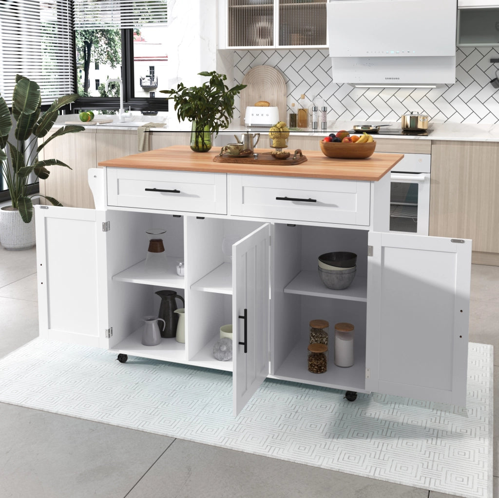 Carrello cucina con piano pieghevole, cassetti e ruote, bianco e naturale