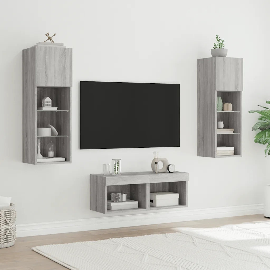 Mobili TV a Muro 4pz con Luci LED Grigio Sonoma 3216581