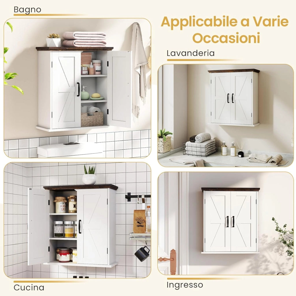 Mobile da Parete per Bagno, Mobiletto Salvaspazio Farmhouse per Farmacia con 2 Ante e Ripiani Regolabili, Specchio Contenitore per Soppalco Sopra il WC per Cucina, Lavanderia e Ingresso