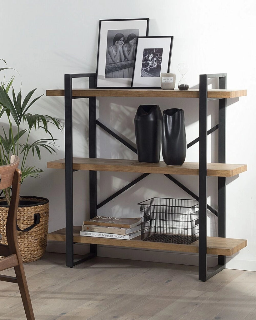 Libreria a 3 livelli in legno scuro con struttura in metallo Nero Ripiani aperti contenitore Minimalista unità autoportante