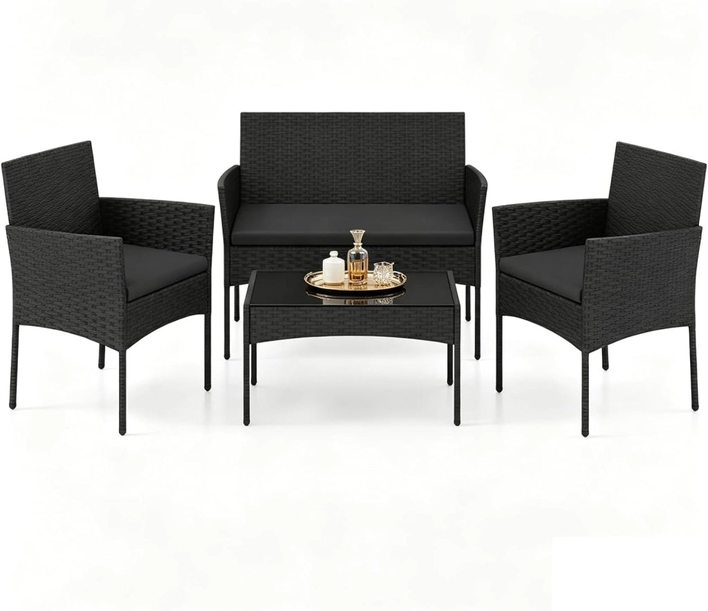 Salotto da Giardino 4 Pezzi, Set da Esterno in Rattan con 1 Divano 2 Posti, 2 Poltrone, 1 Tavolino in Vetro Temperato, Set Mobili da Giardino con Cuscini per Balcone, Terrazzo (Nero)