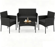 Salotto da Giardino 4 Pezzi, Set da Esterno in Rattan con 1 Divano 2 Posti, 2 Poltrone, 1 Tavolino in Vetro Temperato, Set Mobili da Giardino con Cuscini per Balcone, Terrazzo (Nero)