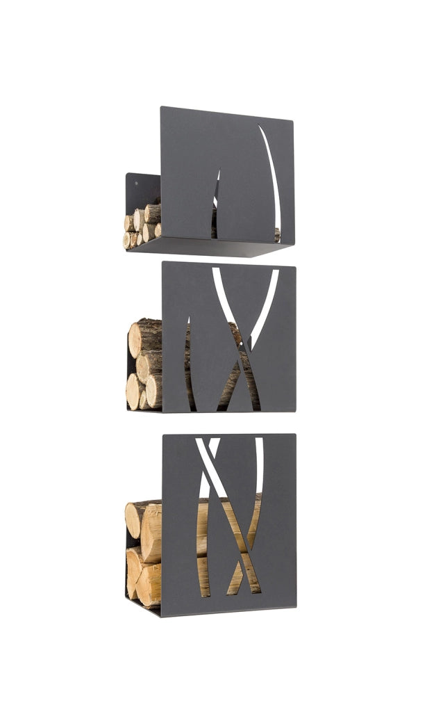 Portalegna da Parete 3 Elementi 35x25,5 cm 3 Altezze 41,5-35,5-30,5 Crea Fuoco Trio in Acciaio Nero