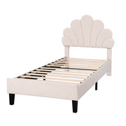 Letto Singolo 90×200 cm con Testiera a Fiore; Imbottito in Velluto; senza Materasso; Beige
