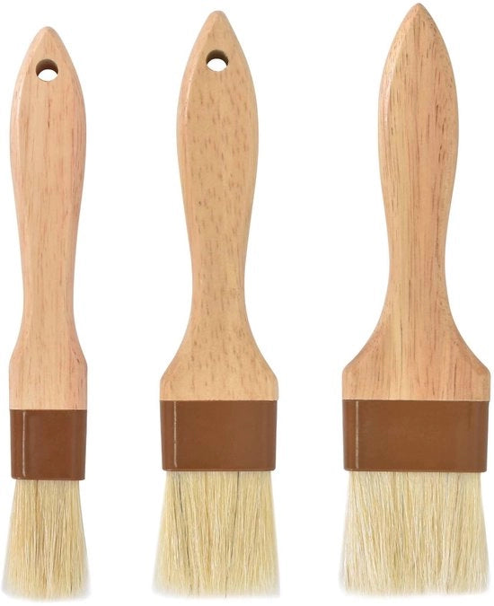 Tre pezzi di spazzole in legno per barbecue, spazzola per cucina con setole naturali, spazzola per cottura con setole naturali, spazzola per pane con manico in legno lungo, per cottura, cucina, grigliatura e outdoor