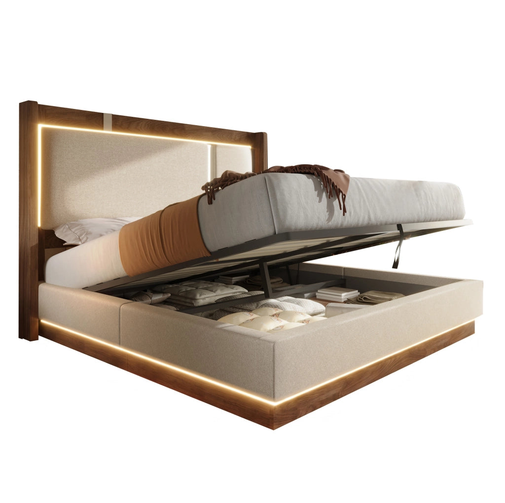 Letto matrimoniale 209x156x110 cm con LED; contenitore idraulico; in lino e legno beige