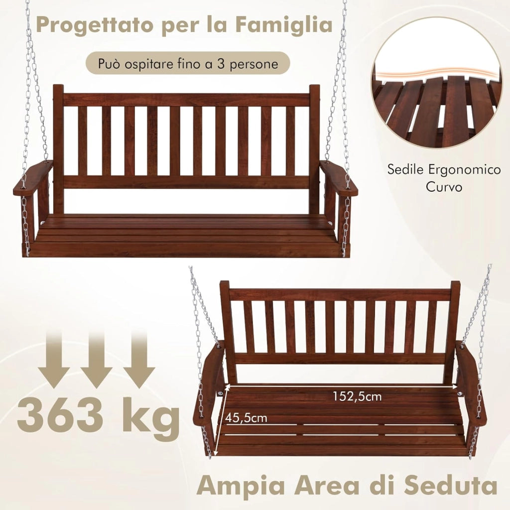Altalena da Giardino in Legno per 3 Persone, Panchina Sospese in Legno con Capacità di Peso di 360 kg, Sedia a Dondolo per Giardino, Cortile (Marrone, 168 x 65 x 63 cm)