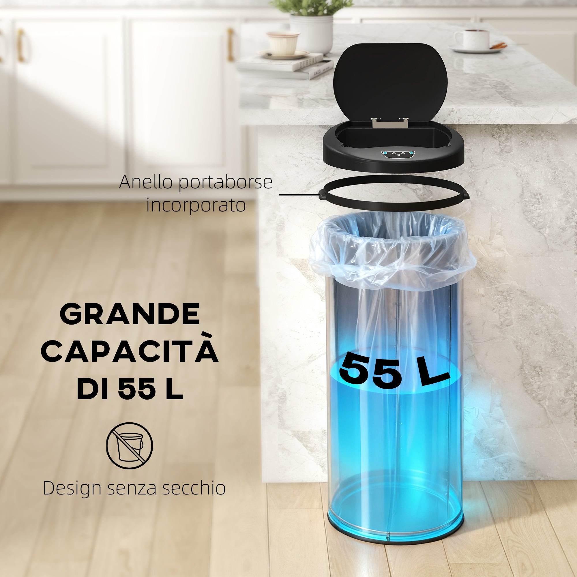 Pattumiera 32x30x72.5 cm Capacità da 55L con Sensore per Apertura Automatica e Chiusura Ammortizzata Argento