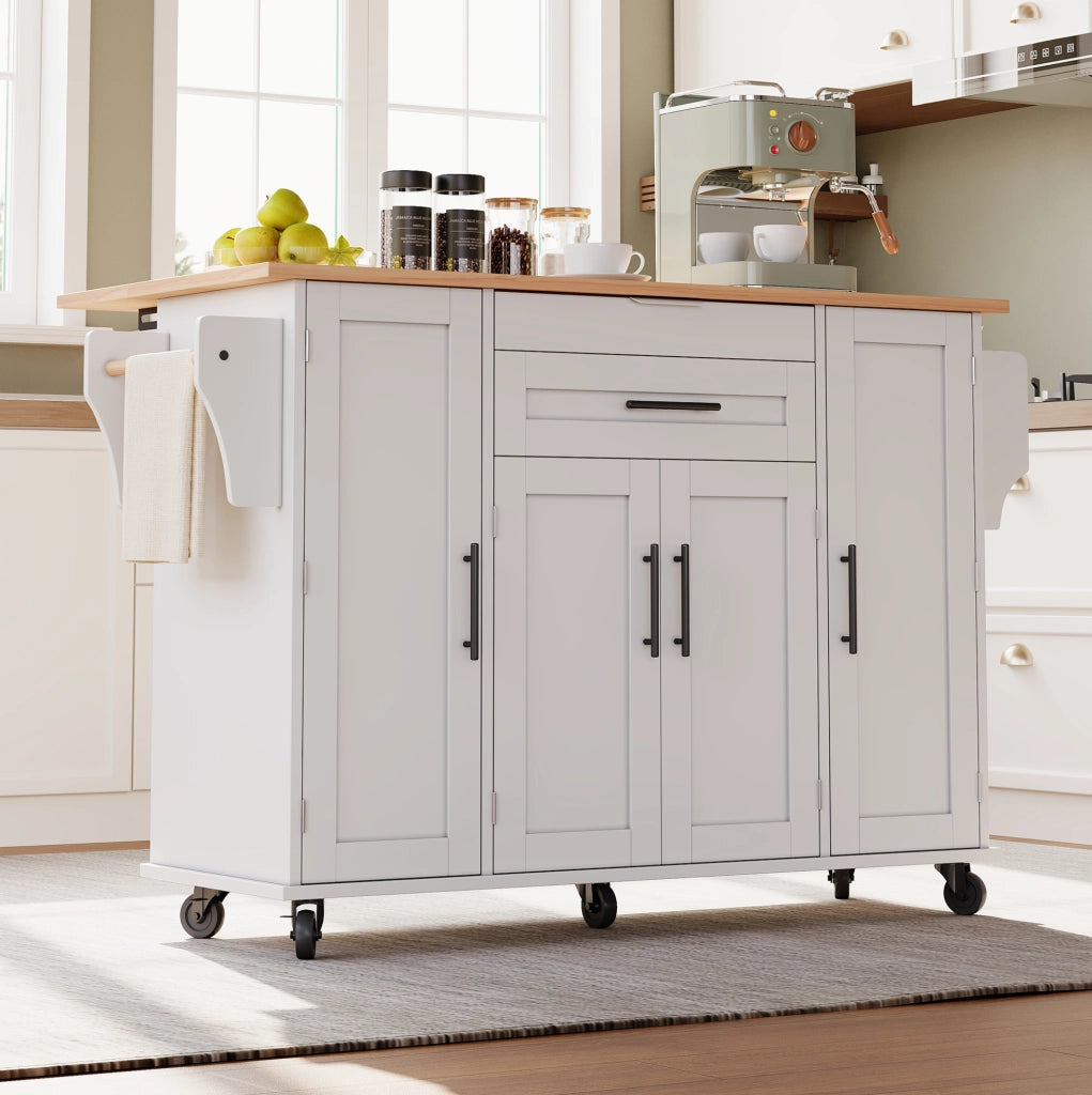 Isola cucina mobile 136x70x92 cm in MDF bianco e naturale con piano allungabile