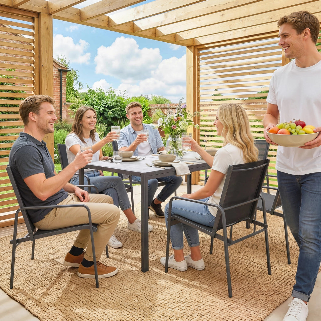 Set 7 Pezzi da Giardino con Tavolo e 6 Sedie da Pranzo con Braccioli in Acciaio Nero