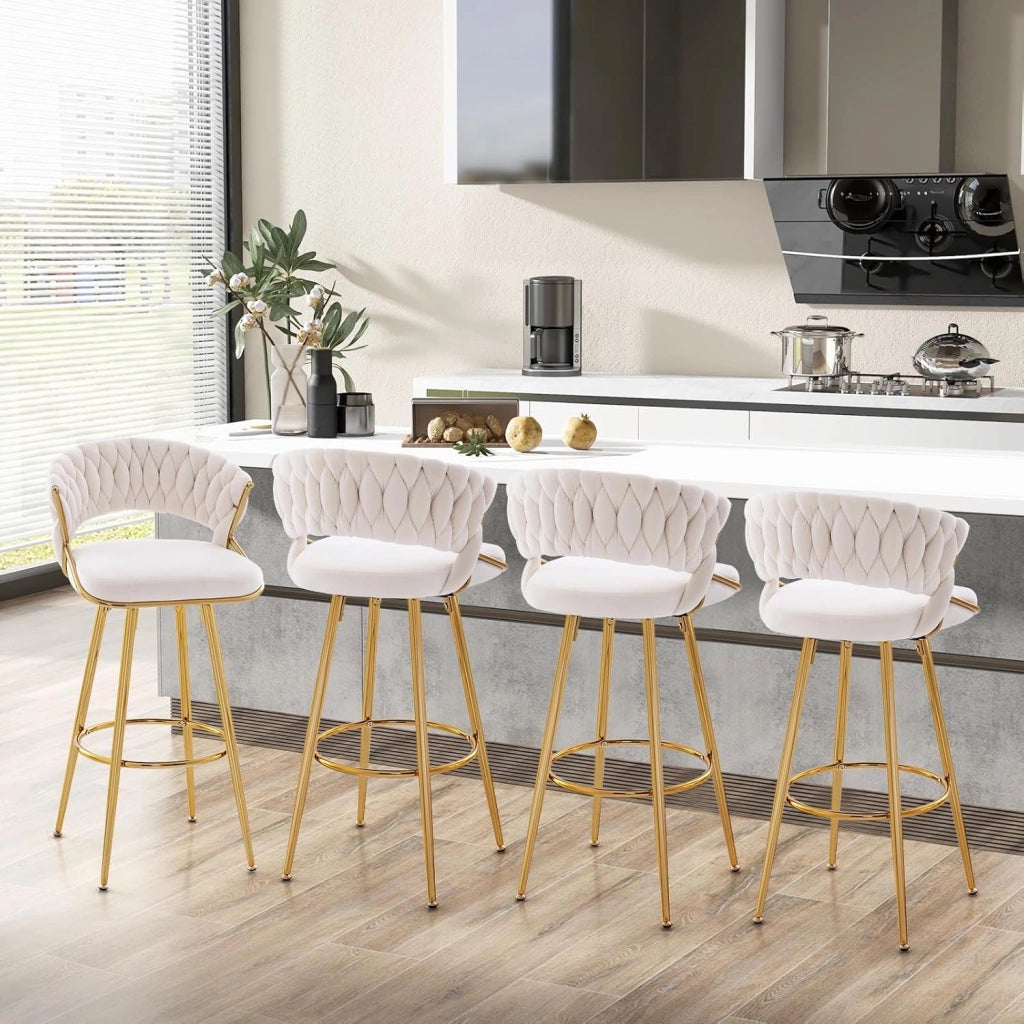 Set di 2 Sgabelli Bar in Velluto, Sgabello Bar di 73 cm con Schienale Intrecciato e Gambe in Metallo, con Schienale e Piedini Regolabili, per Cucina, Sala da Pranzo, Portata 200 kg(Bianco)