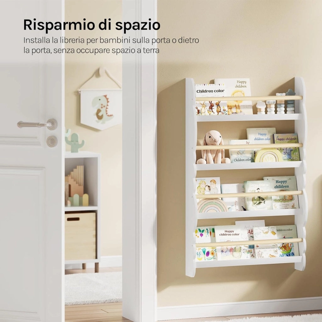 Libreria da Parete per Bambini, Piccola Libreria Frontale a 4 Ripiani in Legno, Scaffale Porta Libri a Muro per Cameretta, Bianco, 60x14,5x98 cm