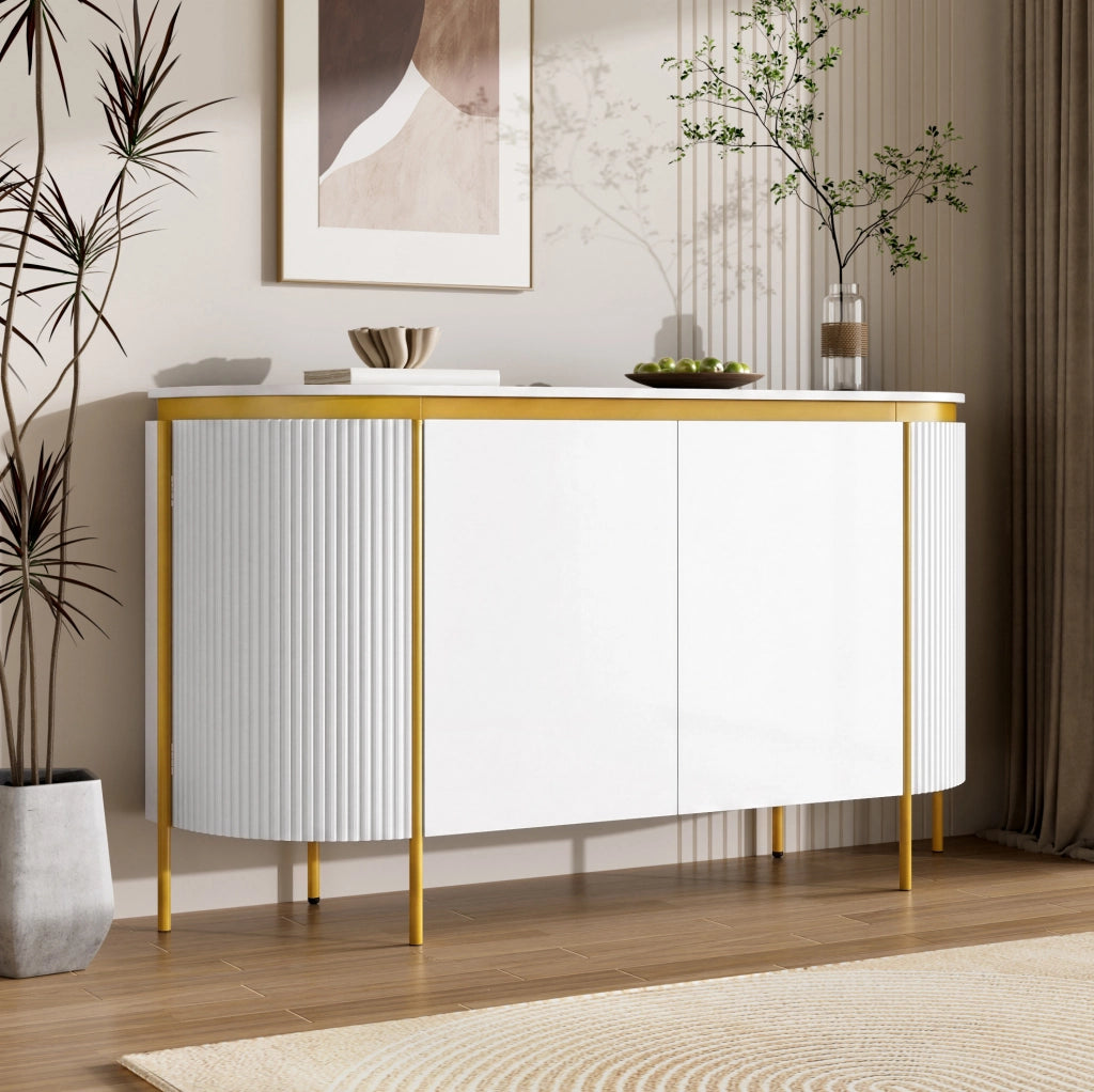 Credenza ovale 140x38x80 cm con 4 ante e passacavi bianca HOMVRA