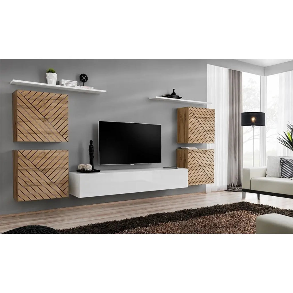 Set mobile sala SWITCH IV. Colori rovere wotan e bianco. Finiture in rovere fresato e bianco lucido.
