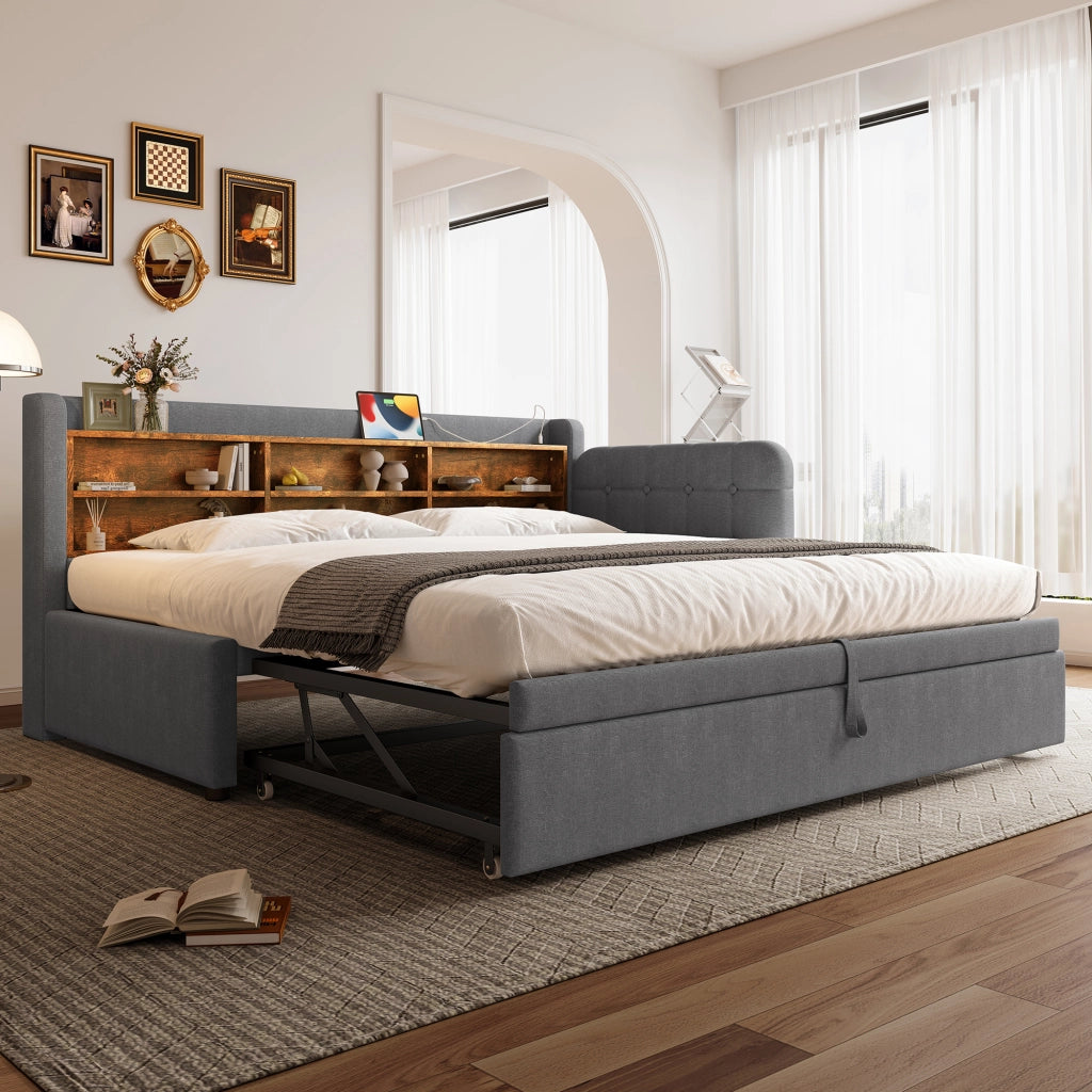 DESMIU Letto estraibile 90 × 200 cm e 180 × 200 cm 1 piazza con USB, Type-C e vani, senza materasso, grigio