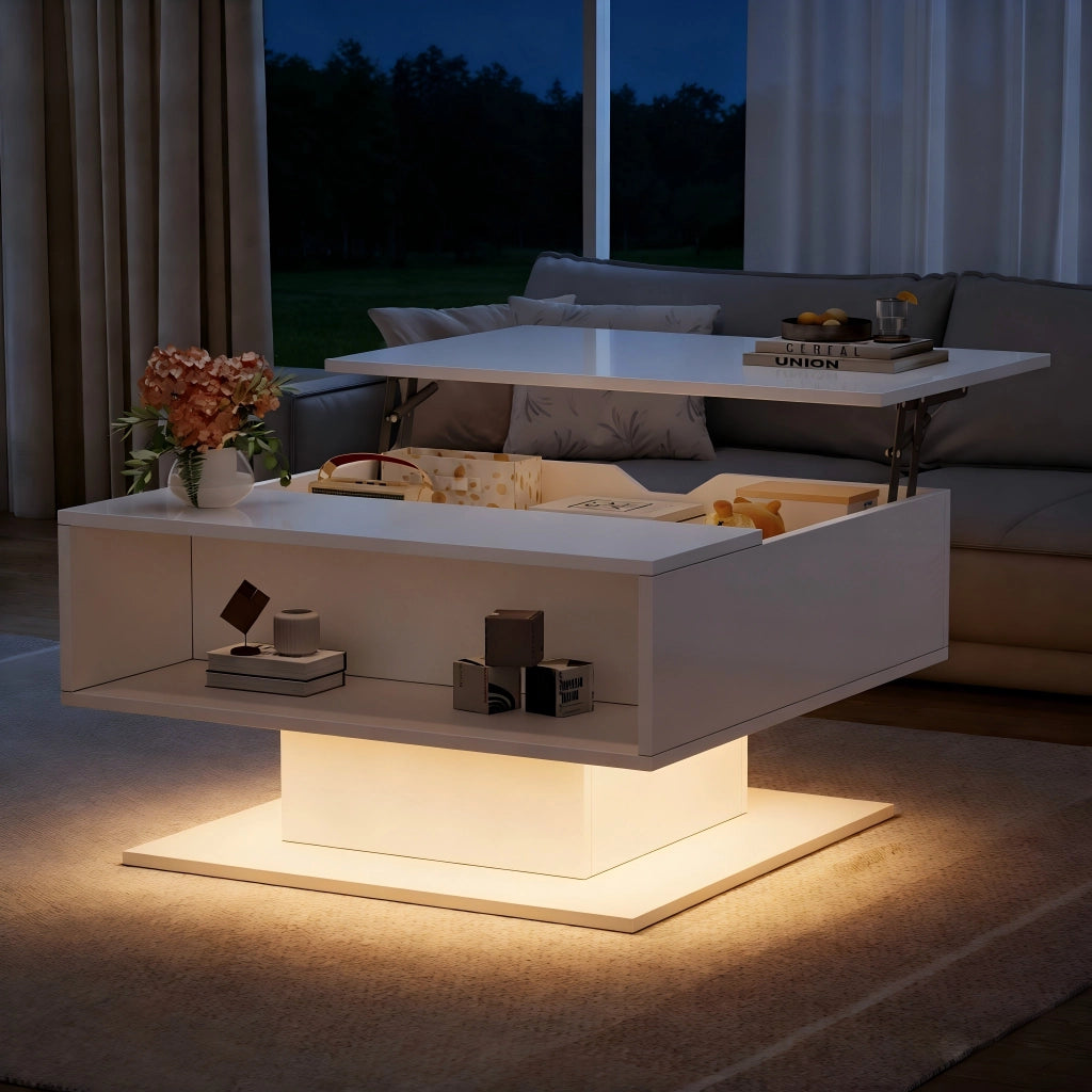 Tavolino da caffè alzabile con vano nascosto; LED; per soggiorno; 80×75×40 cm; bianco