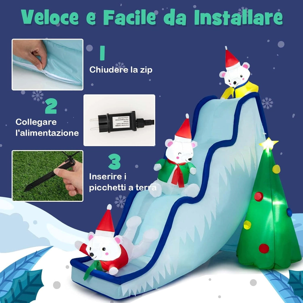 COSTWAY Decorazione Gonfiabile di Natale 200 cm, con Luci LED, Soffiatore e Picchetti di Terra, Facile da Installare, Gonfiabile dell’Orso Polare per Prato, Casa, Festa
