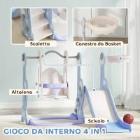 Gioco per Bambini 4 in 1 con Scivolo, Altalena, Arrampicata e Canestro, 147.5x160x107 cm, Azzurro Chiaro
