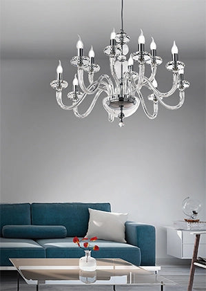 LAMPADARIO BACH 12 LUCI CRISTALLO E FINITURA CROMO ATTACCO E14