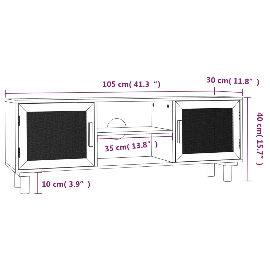 Mobile TV Bianco 105x30x40 cm Massello Pino e Rattan Naturale 345615
