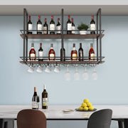 Portabottiglie Sospeso da Soffitto Hubro con Binari per Calici e Ganci per Tazze 120x30x85 cm Nero/Effetto Noce [en.casa]