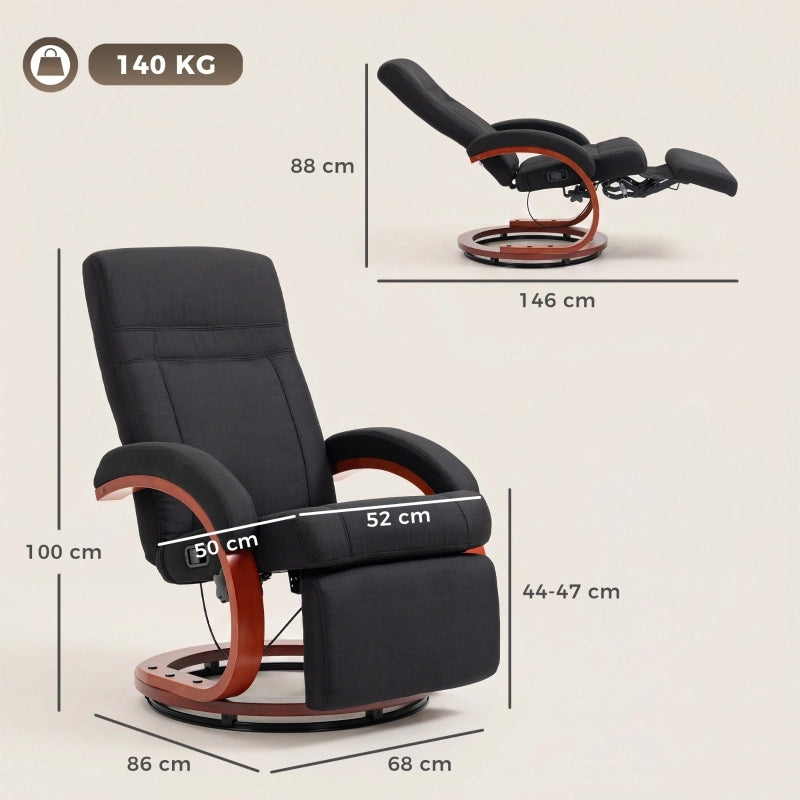 POLTRONA Relax Reclinabile 135° Girevole 360° Tessuto Nero