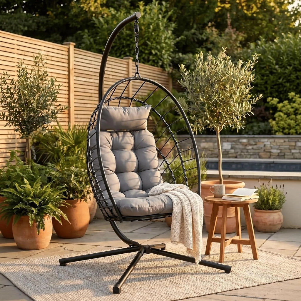 Poltrona sospesa con telaio, pieghevole con cuscino, per interni ed esterni, per il tempo libero, per adulti e bambini, per giardino, terrazza, balcone, soggiorno, portata fino a 160 kg