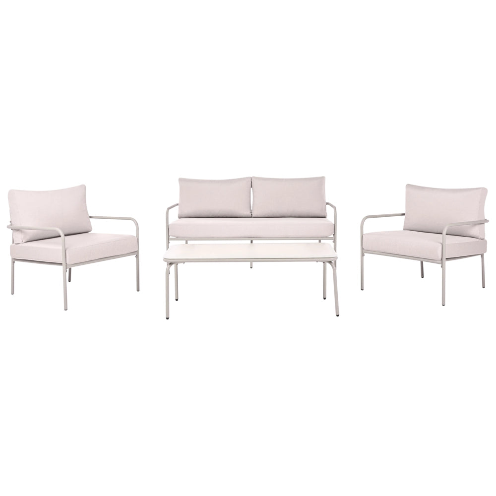 Set da giardino a 4 posti con struttura in acciaio e cuscini sfoderabili beige chiaro stile moderno