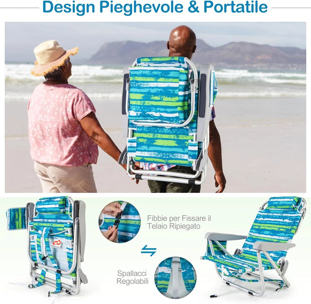 Sedia da Spiaggia, Sdraio Pieghevole a 5 Posizioni con Portabicchieri, Poltrona da Spiaggia con Cuscino per Testa e Zaino, Sedia da Campeggio Portatile, Portata 150 kg (Blu e Verde,1)