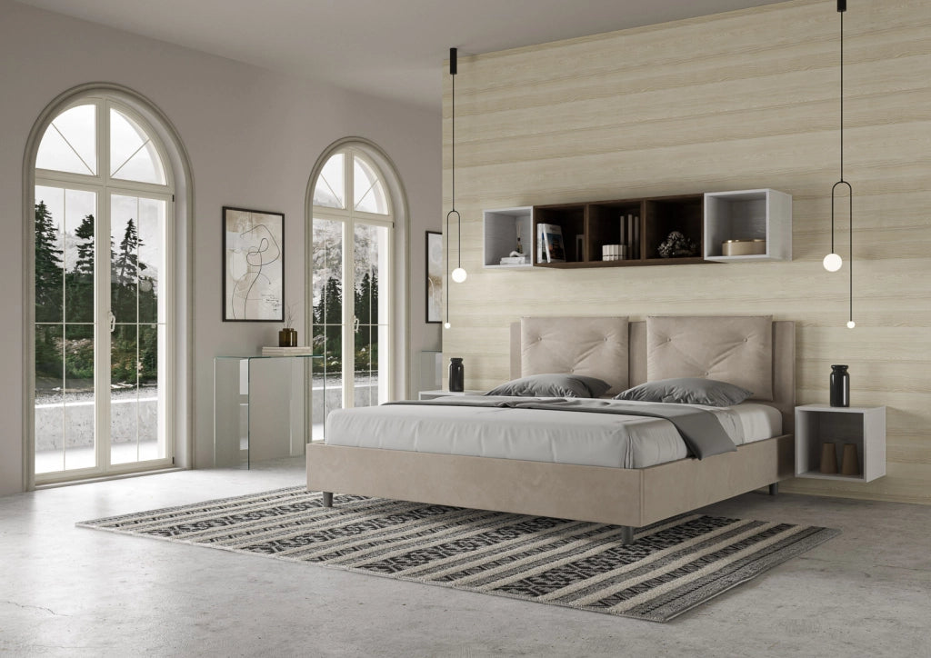 BS COM Letto con rete imbottito 180x210 microfibra sabbia