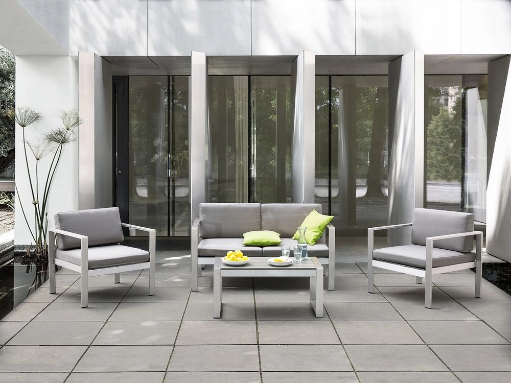 Tavolino da esterno in alluminio grigio chiaro 90 x 50 cm struttura in metallo piano sintetico moderno minimalista