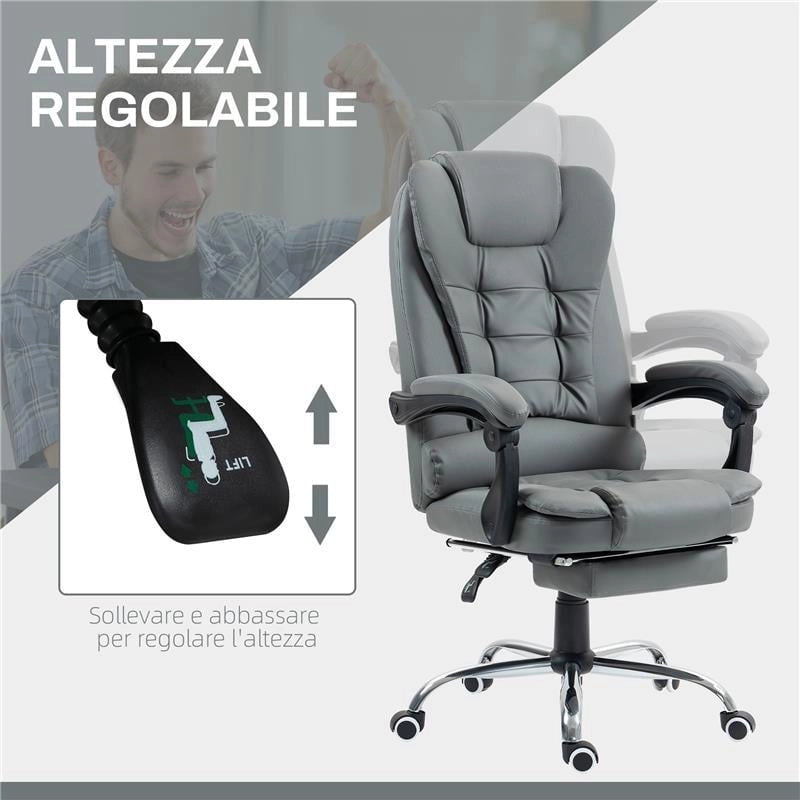 SEDIA DA UFFICIO ERGONOMICA RECLINABILE A 145° CON POGGIAPIEDI ESTRAIBILE IN FINTA PELLE GRIGIO