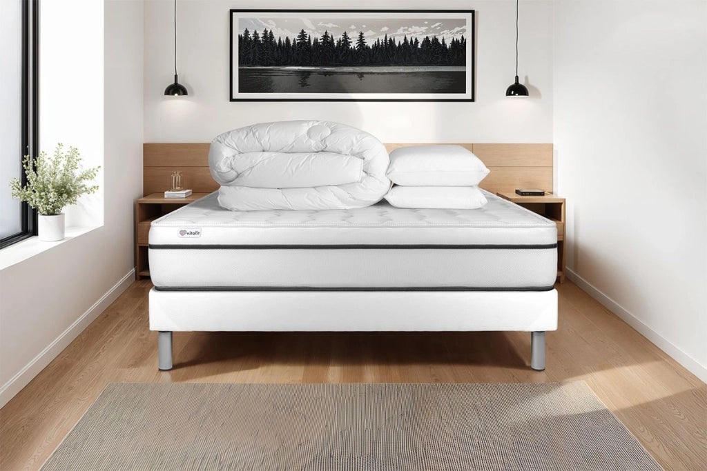 Pacchetto letto completo - Materasso 200x200cm + Box spring con doghe (kit) + 2 cuscini + Piumino - Vital Spa