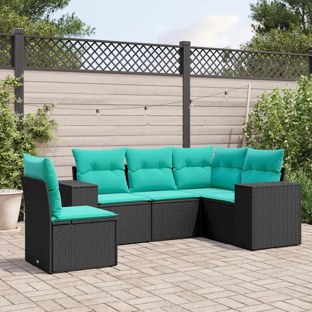 Set Divani da Giardino 5 pz con Cuscini Nero in Polyrattan 3222566