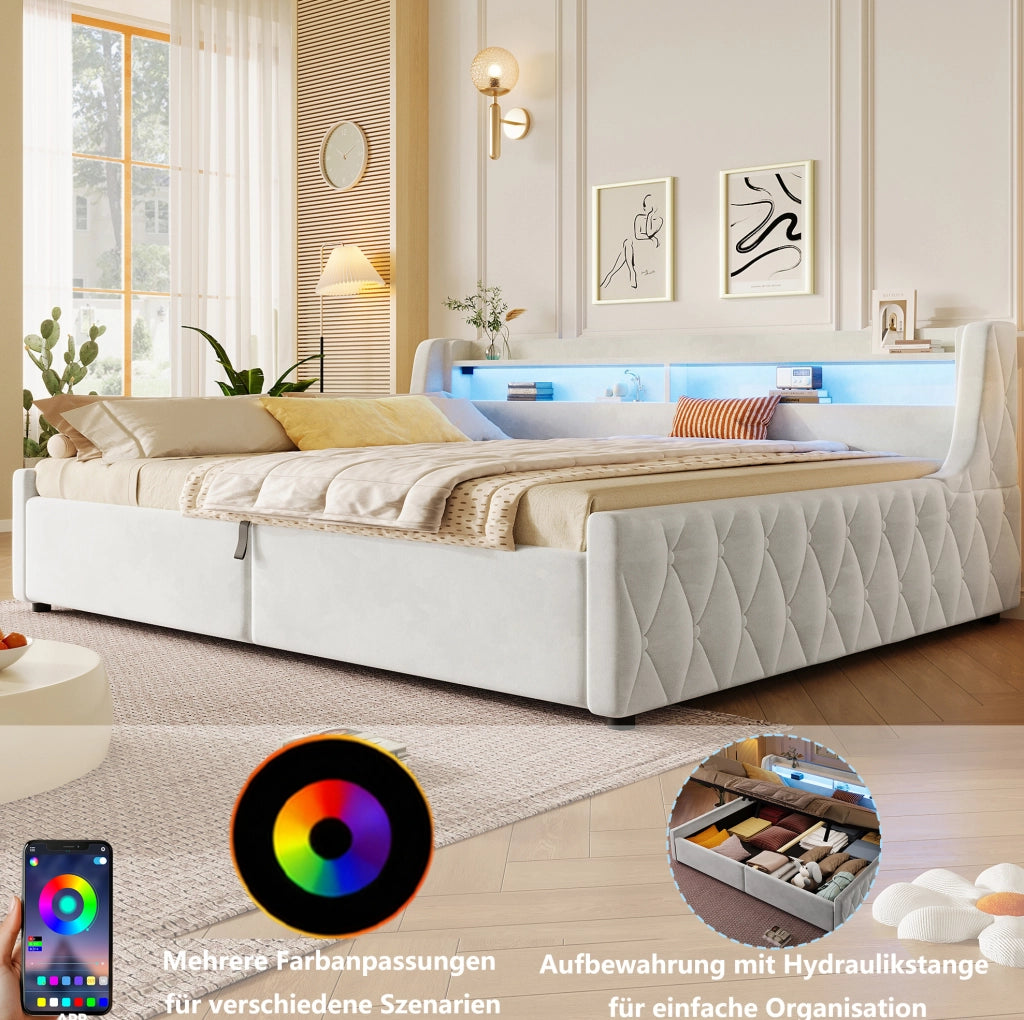 Letto imbottito 140x200 cm in flanella beige; con contenitore e testiera LED
