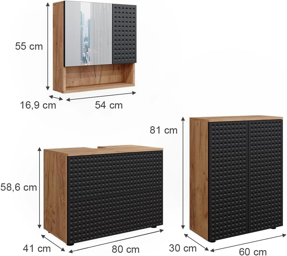 Set mobili bagno Irma, Antracite puntinato, 80 cm, composto da mobile sottolavabo, specchiera e mobile medio