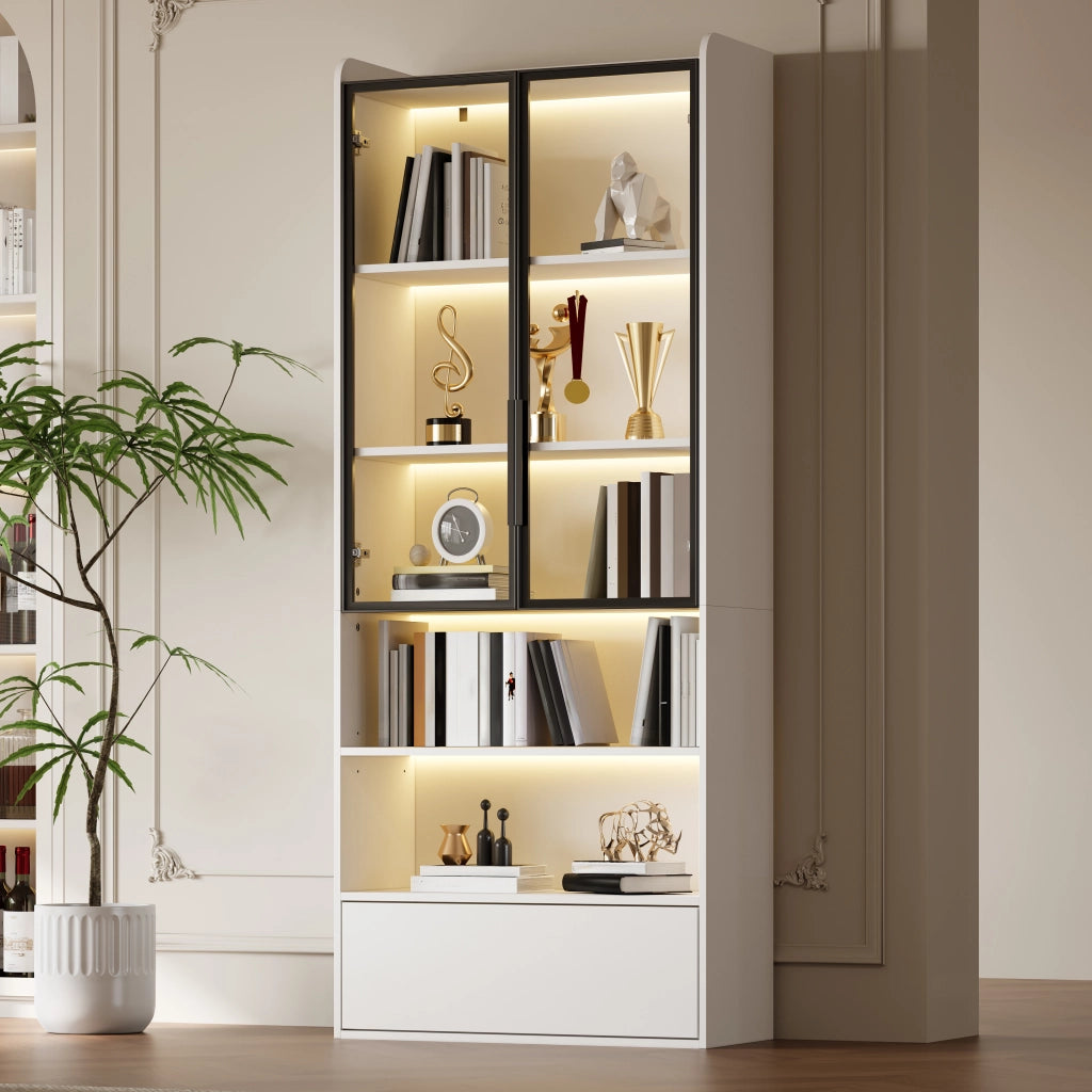 Vetrina alta con LED e cassetto; 80 x 34 x 180 cm; MDF bianco e vetro