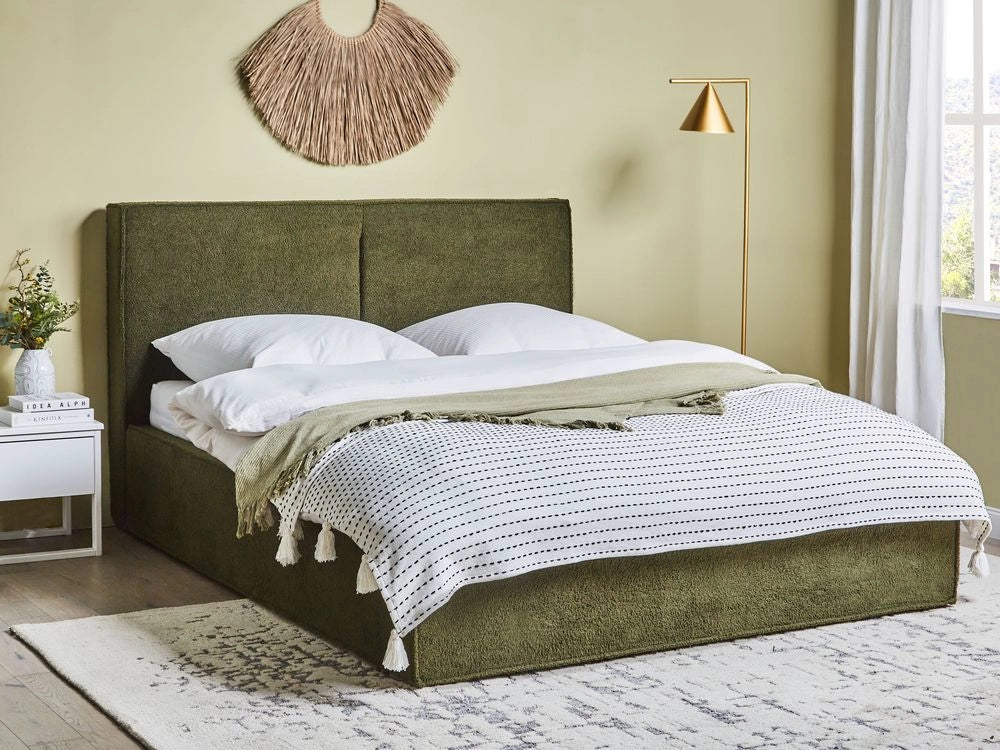 Letto king size 160 x 200 cm Verde Scuro Rivestimento in bouclé Ottomana di contenitore Telaio a doghe Camera da letto moderna contemporanea