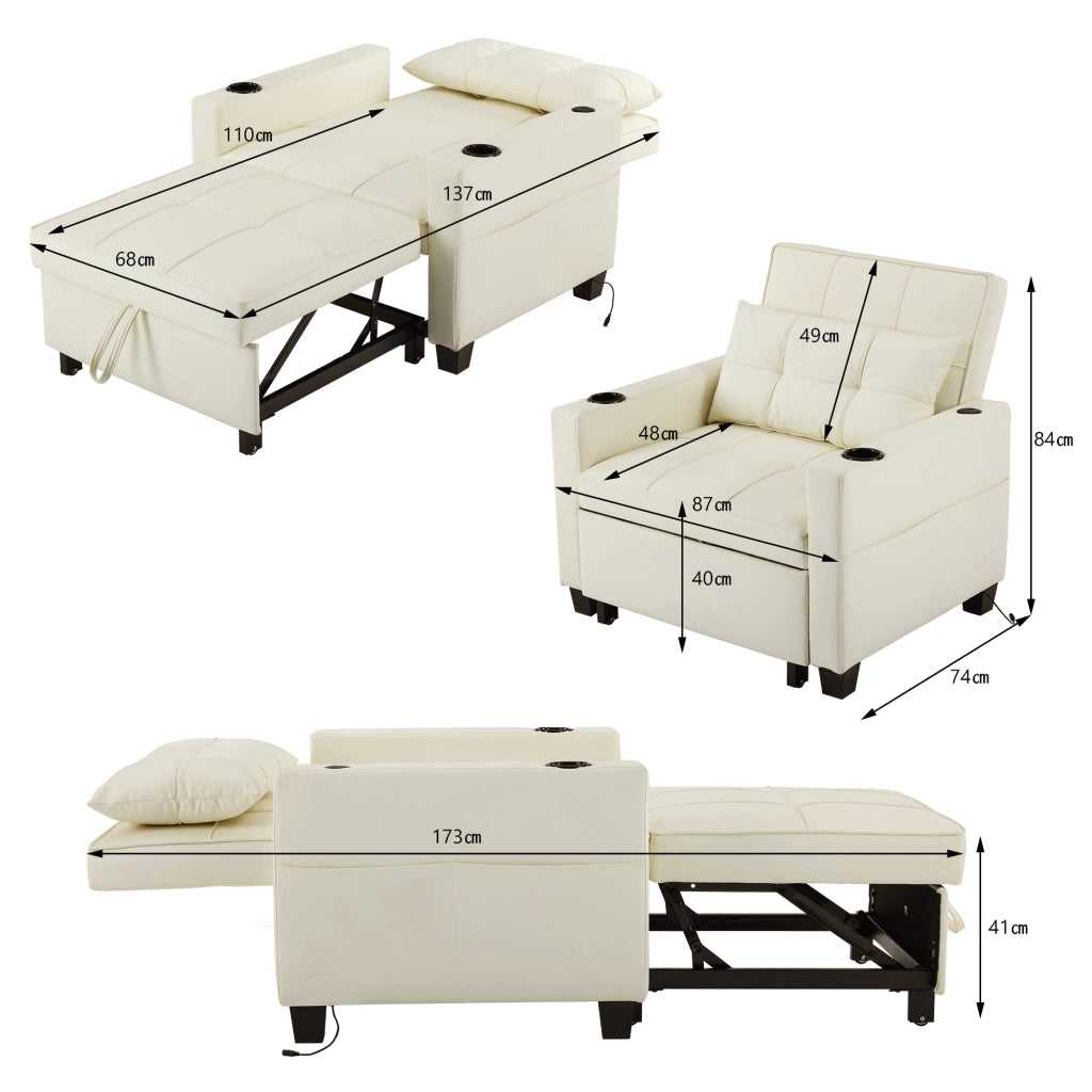Divano letto singolo 3 in 1 con portabicchieri e tasca laterale in pelle PU bianca legno e metallo per piccoli spazi