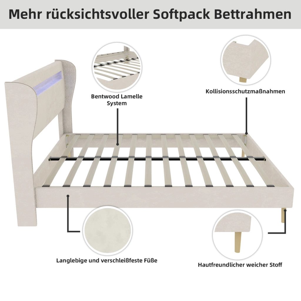 Letto Matrimoniale 140x200 cm; LED Regolabile e Schienale Regolabile in Tessuto - Beige